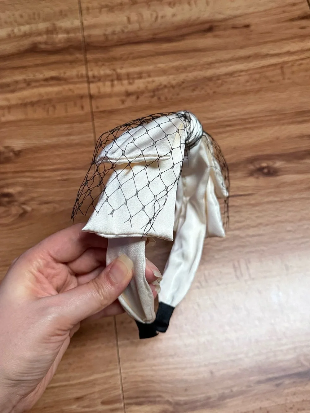 Ivory Knot Headband with Black Veil Accent